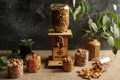 A sophisticated custom nut dispenser with refillable gourmet nuts, perfect for corporate gifting. Designed for style, convenience, and freshness.