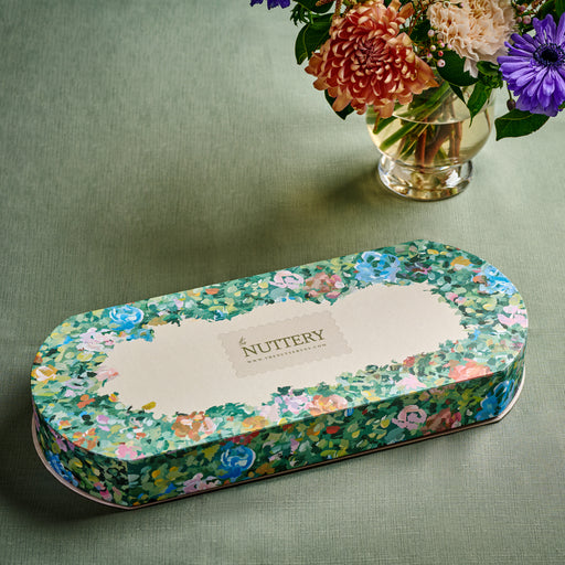 opposite angle of the nuttery ny elegant floral tin gift box