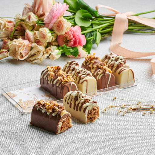 A close-up of the decadent mini cheese logs, revealing a rich, creamy filling inside, enveloped in a velvety chocolate shell with a delightful nut topping