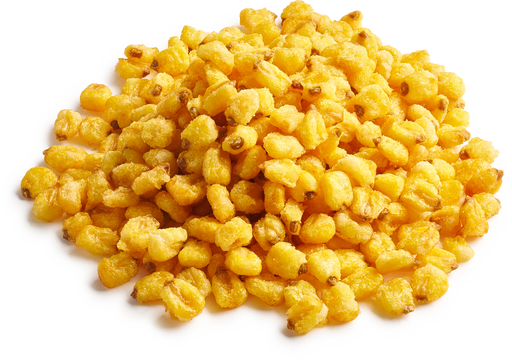 A close-up view of crispy toasted corn nuts, showcasing their golden-brown texture and crunchy appeal.