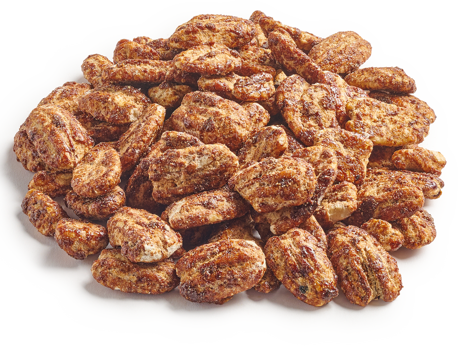 A close-up of sweet glazed pecans arranged in a pile, emphasizing their glossy caramelized coating and golden-brown texture.
