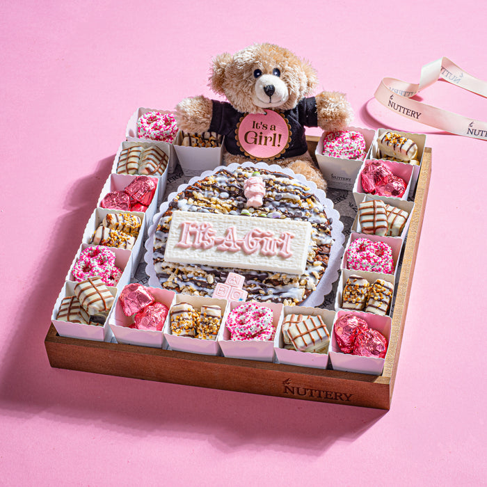 Baby Girl Pie and Chocolates Gift Tray in Party Cups With Bear