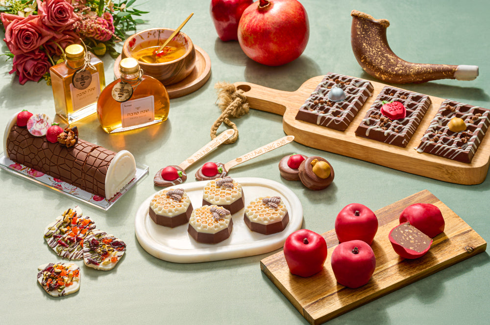 The Nuttery Rosh Hashanah Chocolate Waffle – a premium chocolate treat with crisp textures and rich flavors, beautifully styled with festive elements for a sweet New Year’s treat.