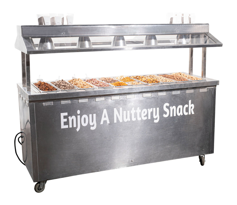 A full view of The Nuttery’s mobile warming nut cart with a sleek design, featuring a selection of warm, gourmet nuts.