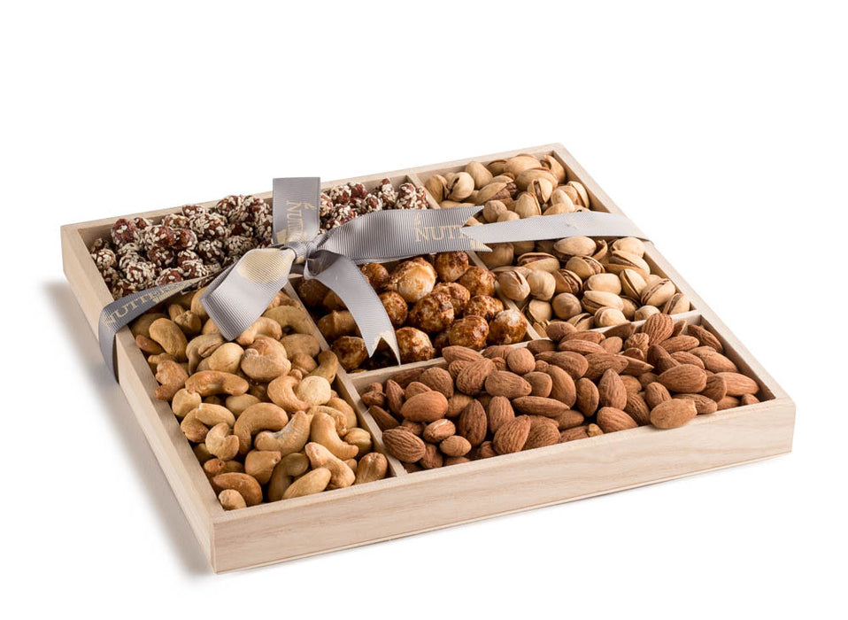 A beautifully arranged five-section wooden nut tray, featuring a premium selection of roasted almonds, cashews, pistachios, caramelized nuts, and chocolate-drizzled treats. Wrapped with an elegant ribbon, this gourmet assortment makes a perfect gift for any occasion.