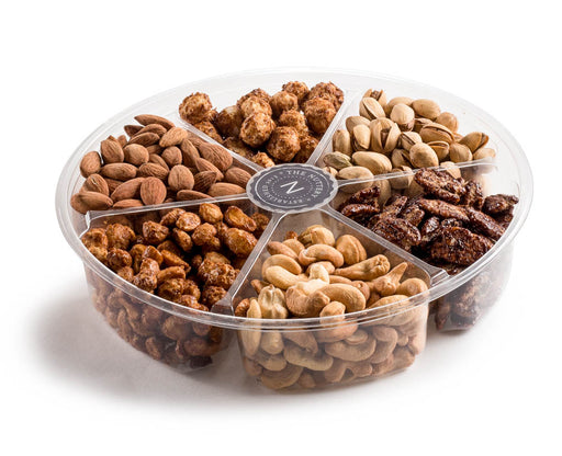 A beautifully presented six-section roasted and glazed nuts gift tray, filled with a variety of premium nuts, including almonds, pistachios, cashews, and pecans. Each section offers a unique combination of flavors, from lightly roasted to sweetly glazed, making it the perfect gift for any nut lover.