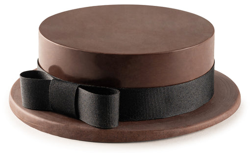 A sleek chocolate smash hat adorned with a black ribbon, displayed on a white background, perfect as a centerpiece or gift