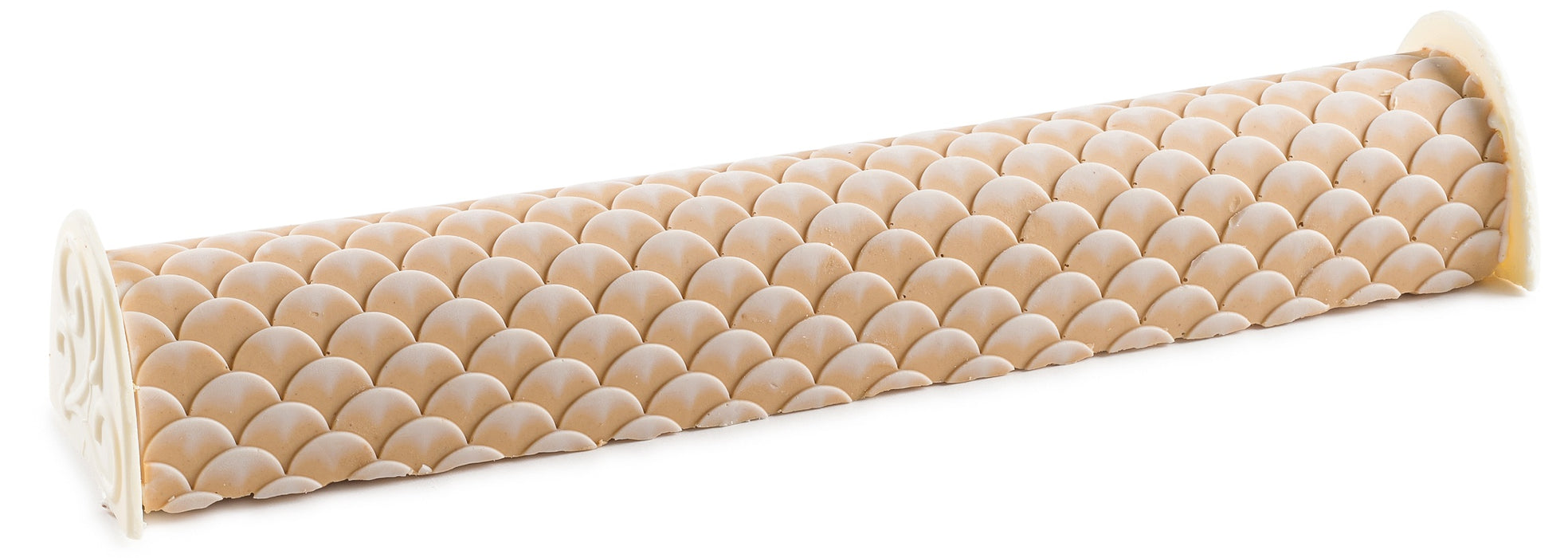 A stunning chocolate peanut butter log featuring an intricate scalloped design. Made with creamy white chocolate, this gourmet dessert is a visual and flavorful masterpiece.