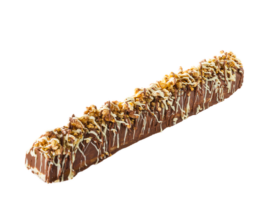 A whole chocolate-covered cheese log elegantly crafted with premium ingredients, featuring a delightful mix of crunchy walnuts and velvety milk chocolate.