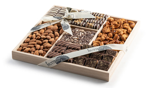 Enjoy a variety of handcrafted chocolate bark and premium nuts, perfectly arranged in a sleek five-section tray. A gourmet gift made for sharing and savoring.