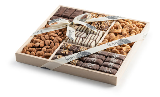 "A sophisticated five-section gift tray featuring a curated selection of rich chocolates and crunchy nuts. Beautifully packaged, this gourmet set is an ideal gift for any occasion.