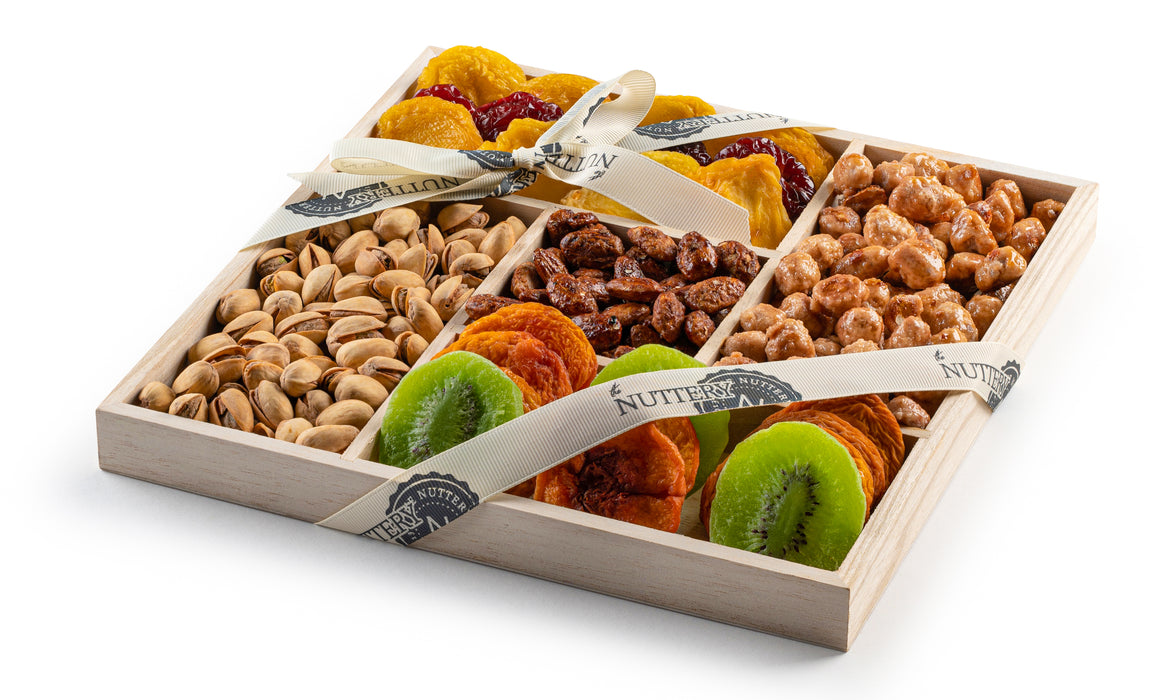 A gourmet gift tray featuring a variety of nuts, dried fruits, and candied treats, elegantly packaged with a branded ribbon for a luxurious presentation.
