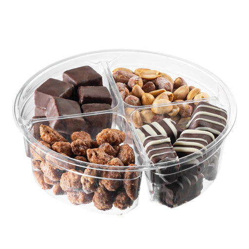 The Nuttery NY chocolate and nut gift tray with six sections, featuring an assortment of chocolate-covered treats, roasted nuts, and gourmet confections, elegantly packaged in a clear plastic container