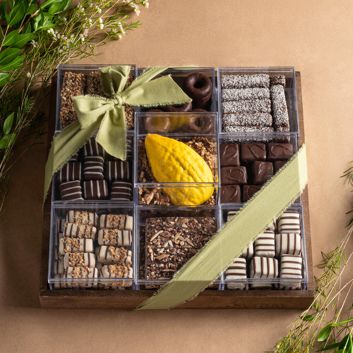 A festive chocolate gift tray featuring an Esrog-shaped confection alongside a variety of sweets. Thoughtfully arranged and beautifully wrapped, this is a unique treat for holiday celebrations.
