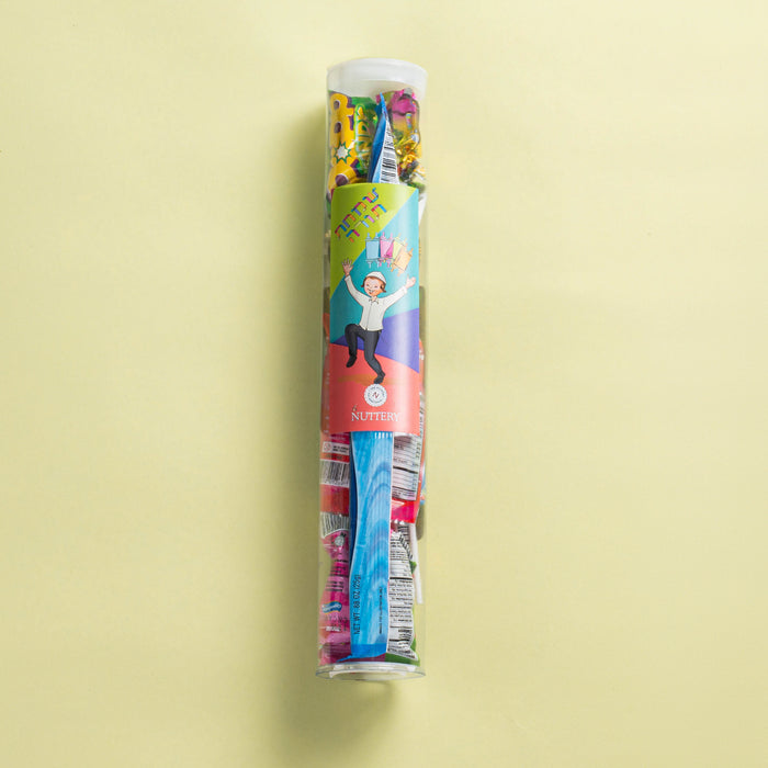 The Nuttery NY Simchas Torah candy-filled tube, featuring an assortment of colorful kosher candies, packaged in a festive cylindrical container with a vibrant Simchas Torah design.