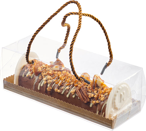 A rich and creamy cheese log coated in smooth milk chocolate, drizzled with white chocolate, and topped with crunchy nuts for a perfect balance of flavors and textures.