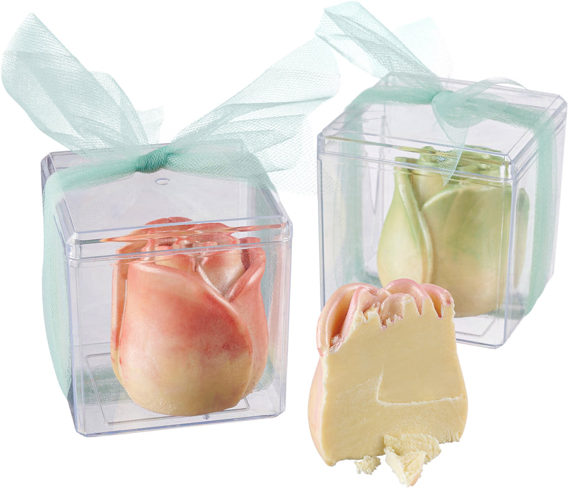 Delicately crafted cheese roses in soft pastel shades, elegantly packaged in clear gift boxes with a ribbon, making a unique gourmet treat.