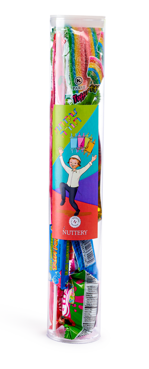 The Nuttery NY Simchas Torah candy gift tube, filled with a variety of sweet treats, perfect for celebrating the joyous holiday with children and families.