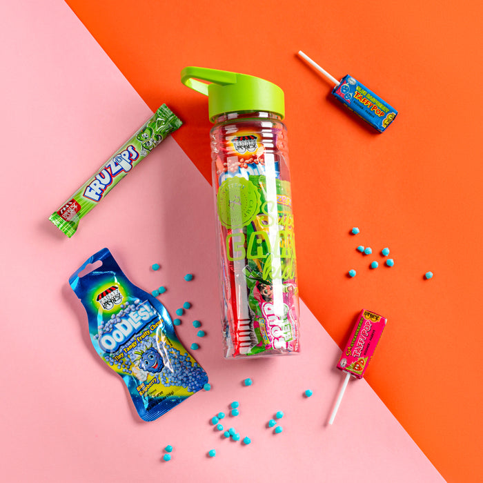 A vibrant Camp Sports water bottle filled with assorted colorful candies, perfect for gifting or personal use.
