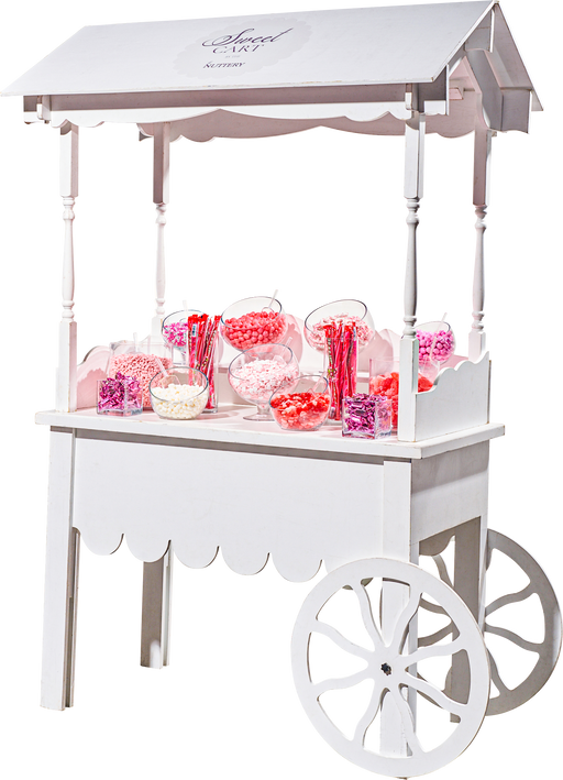A white candy cart filled with blue and white candies, creating a themed dessert station for special events and celebrations.