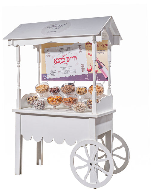A charming vintage-style cart showcasing gourmet nuts, chocolates, and candies, designed for upscale catering and gifting.
