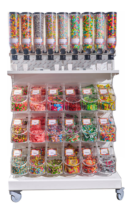 A vibrant bulk candy display featuring a mix of classic and colorful sweets. Perfect for parties, events, or satisfying any sweet tooth craving.
