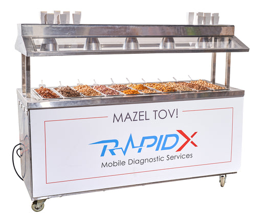 A commercial-grade warming nut cart from The Nuttery, equipped with multiple trays of warm nuts and a clean, professional design.