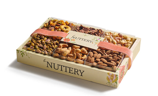 Gourmet nut floral gift tray from The Nuttery NY, featuring a premium assortment of roasted and salted nuts, including almonds, cashews, pistachios, and pecans, elegantly packaged with a decorative ribbon.