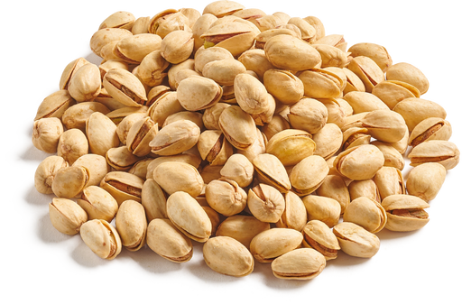 A pile of roasted and salted pistachios with golden shells, emphasizing their crunchy texture and savory flavor, displayed on a white background