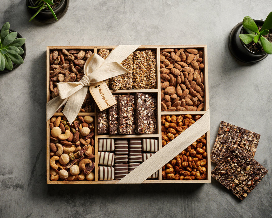 Custom Logo Gift Trays – Gourmet Chocolate & Nuts, Three Size Options