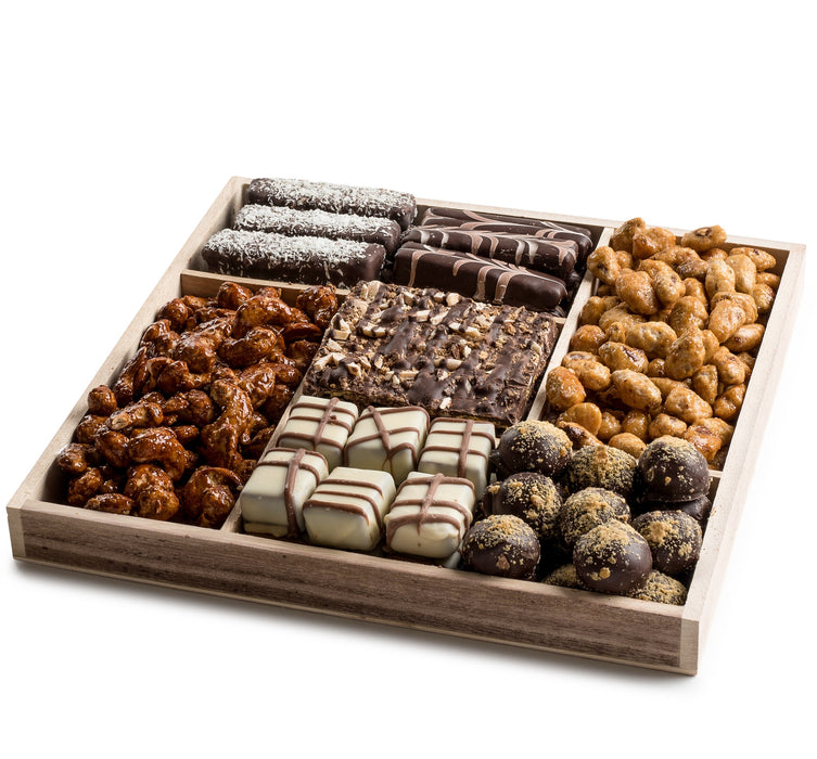 Happy New Years Wooden 5 Section Square- Nuts and Specialty Chocolate