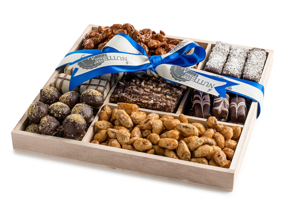 Happy New Years Wooden 5 Section Square- Nuts and Specialty Chocolate